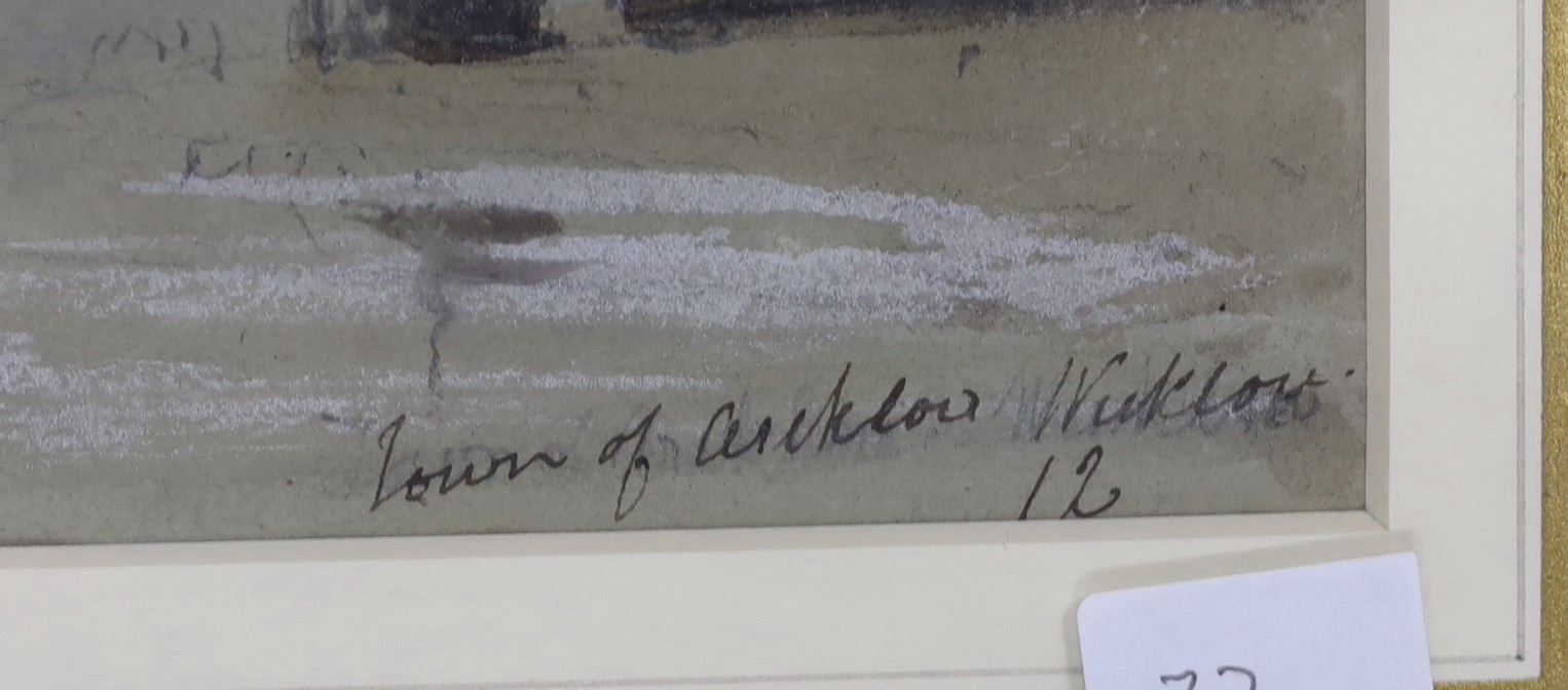 Charles Bentley (1808–1854), watercolour, Estuary scene with fishing vessels, Town of Arklow, Wicklow, signed in pencil, John Spink label verso, 17 x 26cm